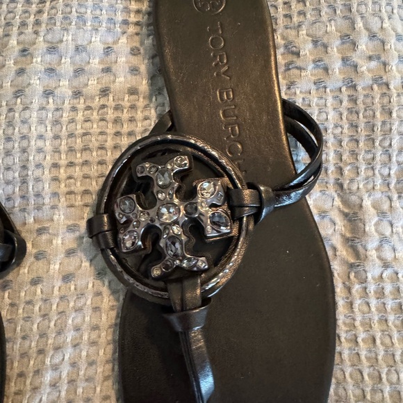 Tory Burch Black Leather Sandals with Jeweled Accents - Picture 3 of 5